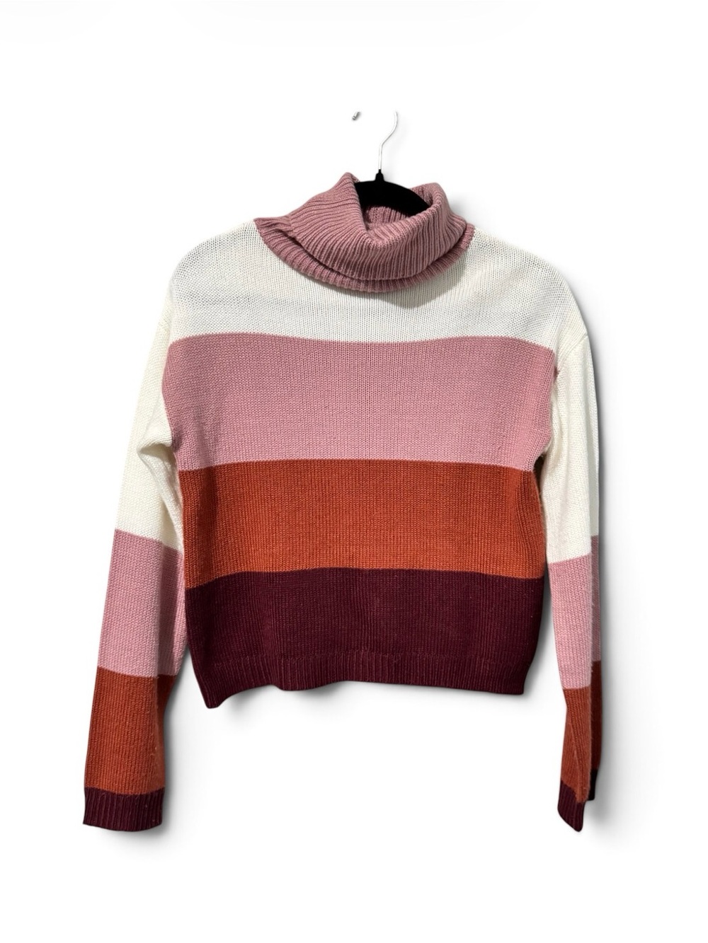 Polly & Esther Colorblock Striped Turtleneck Crop Sweater Pink Orange Small
